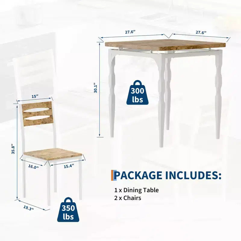 Table à manger pour 2, Ensemble table et chaises compact 3 pièces, Assise ergonomique confortable, Idéal pour petits espaces, cuisines, appartements