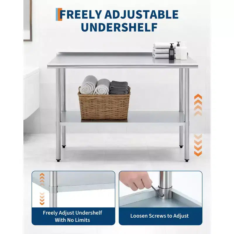 Plan de travail en acier inoxydable, plan de travail de cuisine commerciale 24*48 avec panneau arrière, base et pieds réglables, convient aux restaurants, garages et extérieurs