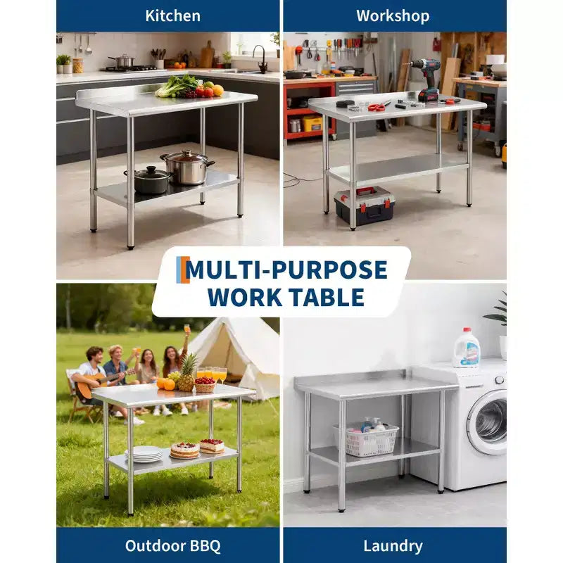 Plan de travail en acier inoxydable, plan de travail de cuisine commerciale 24*48 avec panneau arrière, base et pieds réglables, convient aux restaurants, garages et extérieurs