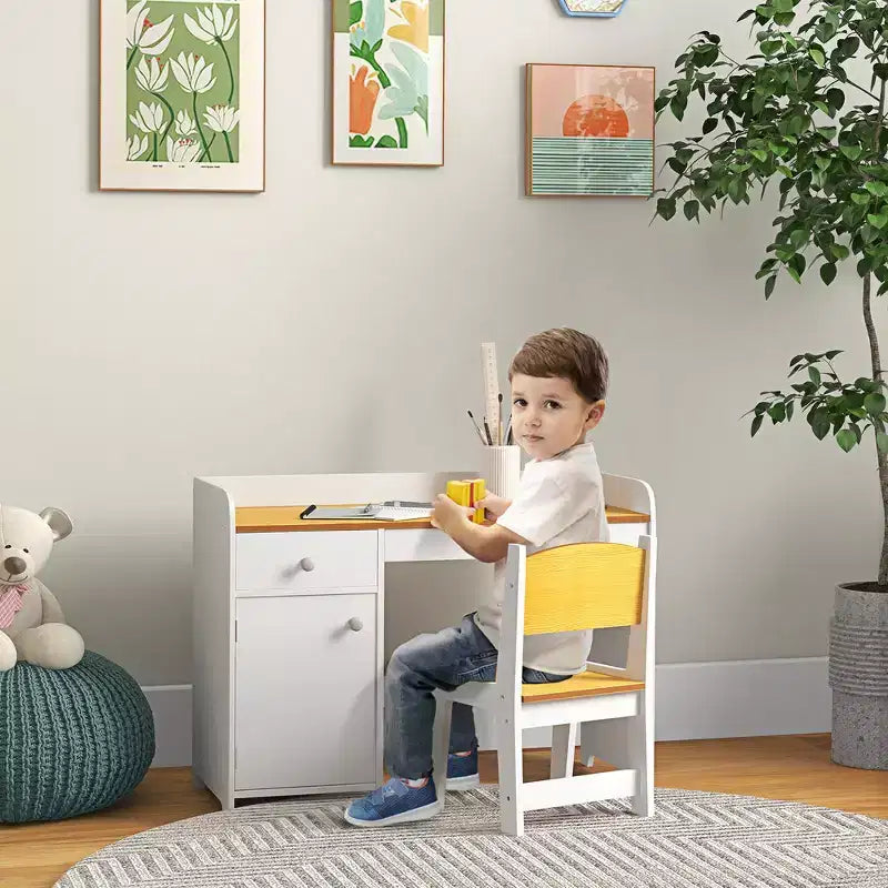 Table pour Enfants 2 Pièces avec Tiroir de Rangement, MDF Sûr, Montage Facile, Idéale pour les Devoirs & les Jeux - Blanche