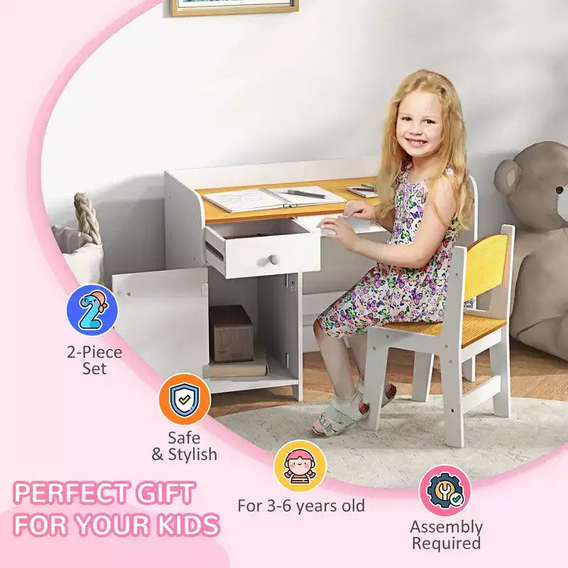 Table pour Enfants 2 Pièces avec Tiroir de Rangement, MDF Sûr, Montage Facile, Idéale pour les Devoirs & les Jeux - Blanche