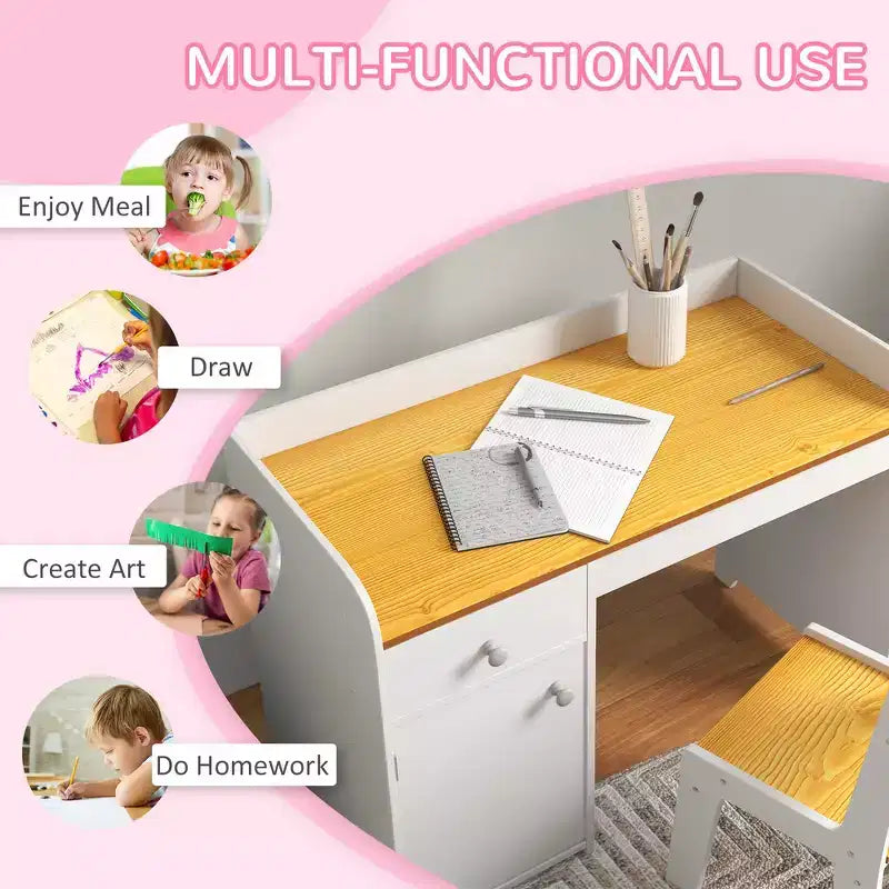 Table pour Enfants 2 Pièces avec Tiroir de Rangement, MDF Sûr, Montage Facile, Idéale pour les Devoirs & les Jeux - Blanche