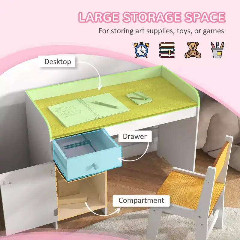 Table pour Enfants 2 Pièces avec Tiroir de Rangement, MDF Sûr, Montage Facile, Idéale pour les Devoirs & les Jeux - Blanche