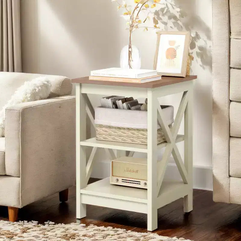 Lot de 2 tables d'appoint de style ferme, tables d'appoint rustiques à 3 niveaux avec design en X, tables de chevet en bois pour salon ou chambre à coucher