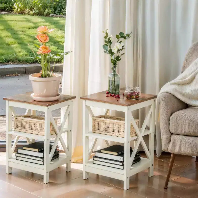 Lot de 2 tables d'appoint de style ferme, tables d'appoint rustiques à 3 niveaux avec design en X, tables de chevet en bois pour salon ou chambre à coucher