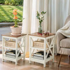 Lot de 2 tables d'appoint de style ferme, tables d'appoint rustiques à 3 niveaux avec design en X, tables de chevet en bois pour salon ou chambre à coucher