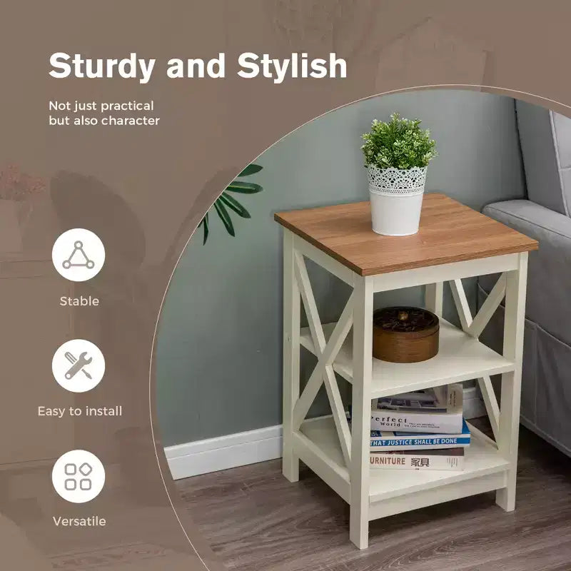 Lot de 2 tables d'appoint de style ferme, tables d'appoint rustiques à 3 niveaux avec design en X, tables de chevet en bois pour salon ou chambre à coucher