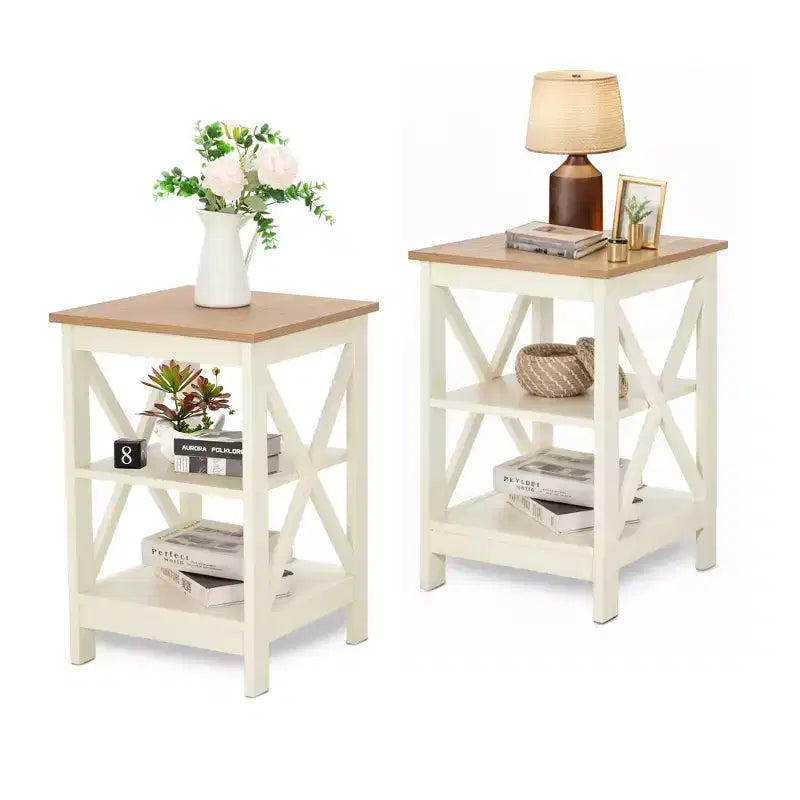 Lot de 2 tables d'appoint de style ferme, tables d'appoint rustiques à 3 niveaux avec design en X, tables de chevet en bois pour salon ou chambre à coucher