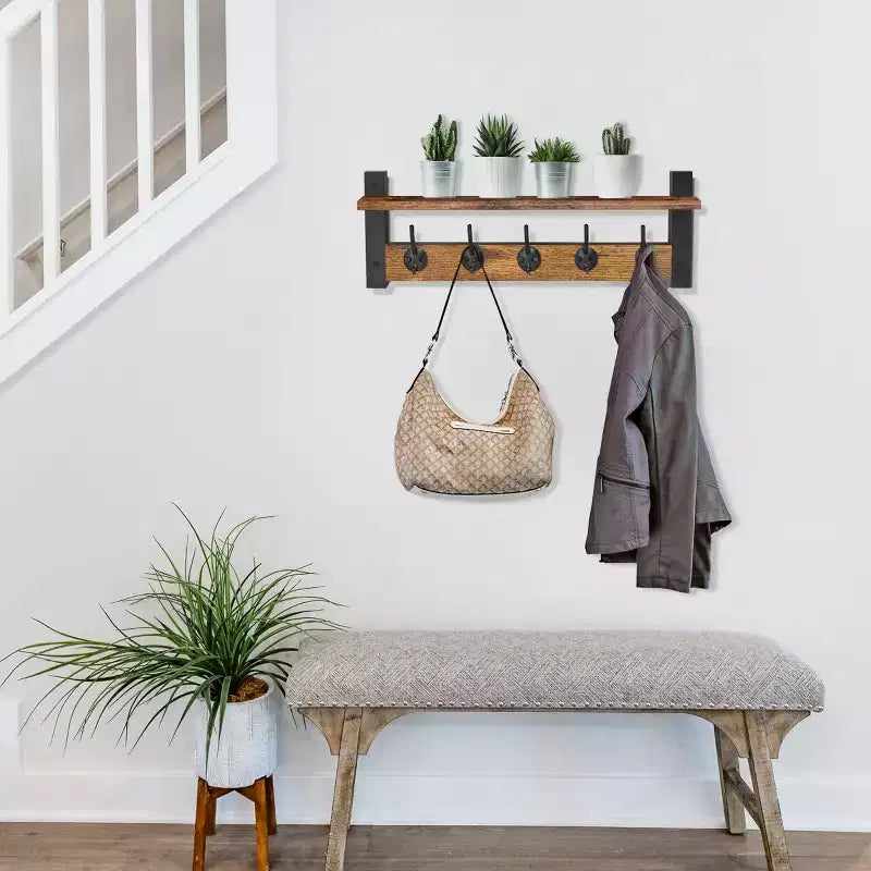 Étagère murale flottante de 60 cm avec 5 crochets robustes pour entrée, salle de bain, chambre, cuisine ou buanderie