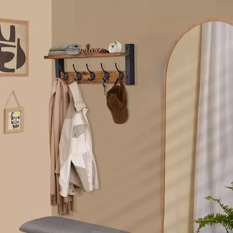 Étagère murale flottante de 60 cm avec 5 crochets robustes pour entrée, salle de bain, chambre, cuisine ou buanderie