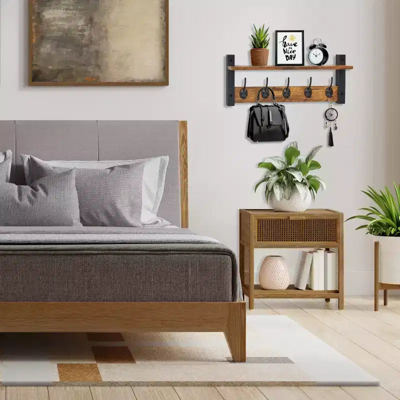 Étagère murale flottante de 60 cm avec 5 crochets robustes pour entrée, salle de bain, chambre, cuisine ou buanderie