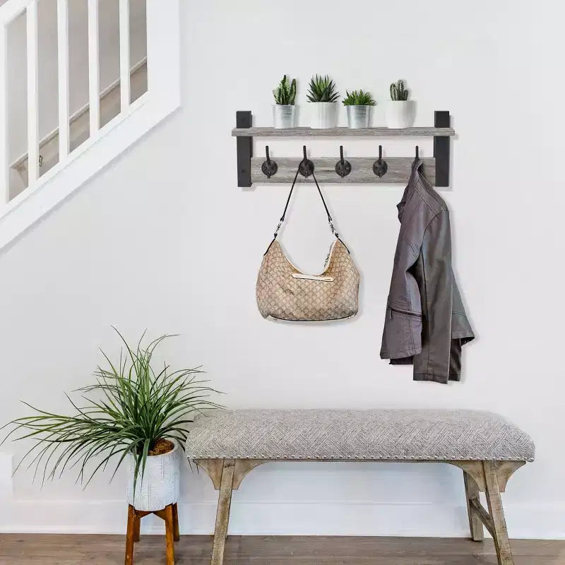Étagère murale flottante de 60 cm avec 5 crochets robustes pour entrée, salle de bain, chambre, cuisine ou buanderie