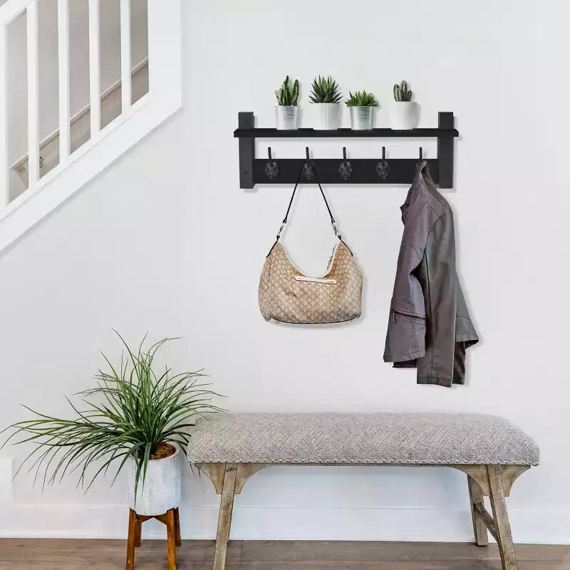 Étagère murale flottante de 60 cm avec 5 crochets robustes pour entrée, salle de bain, chambre, cuisine ou buanderie