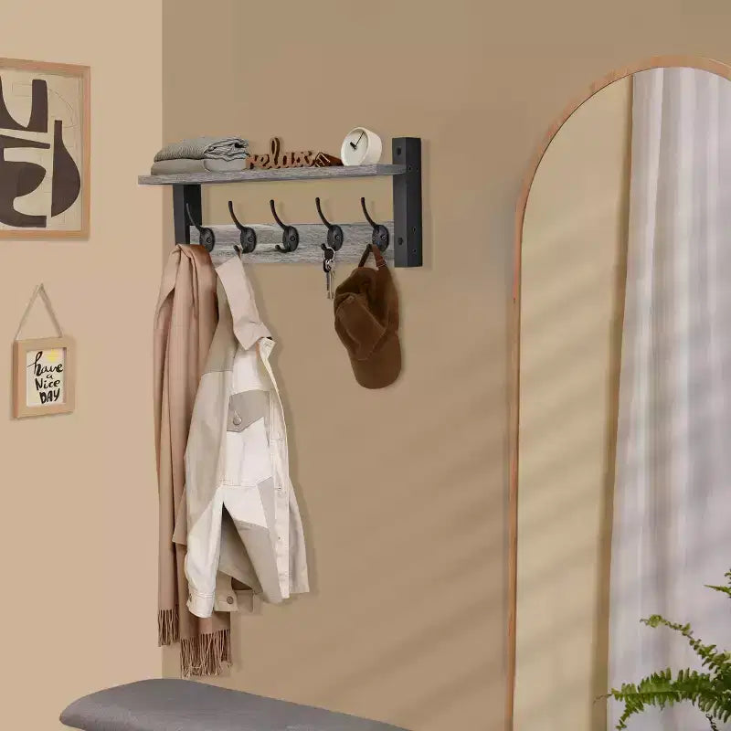 Étagère murale flottante de 60 cm avec 5 crochets robustes pour entrée, salle de bain, chambre, cuisine ou buanderie