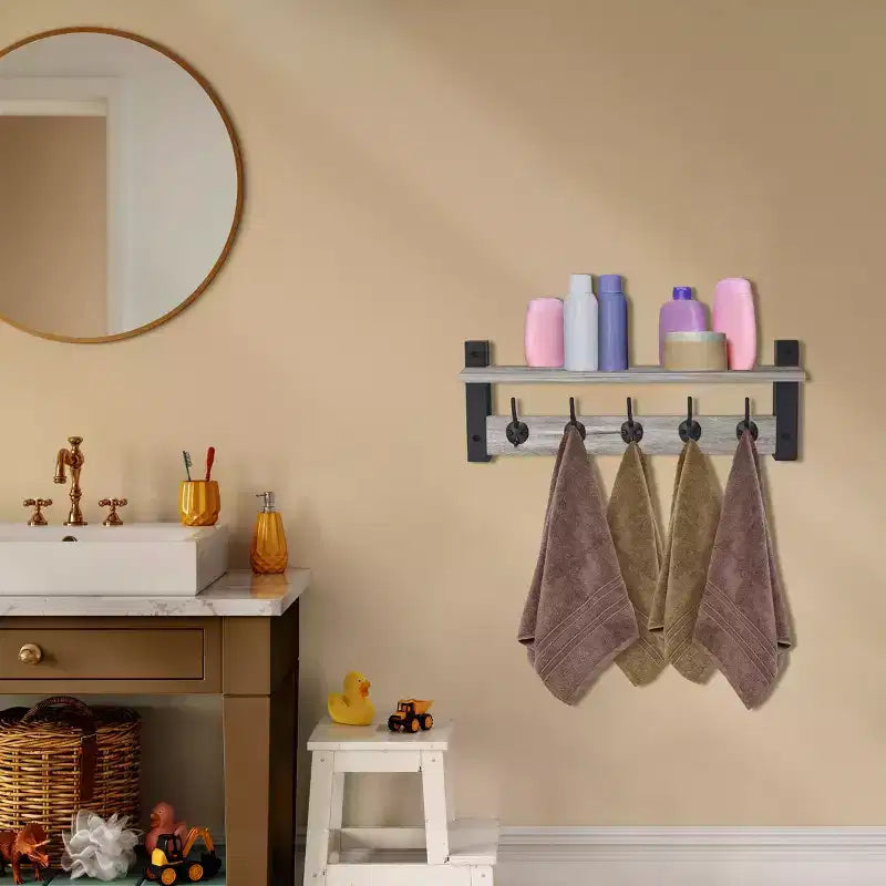 Étagère murale flottante de 60 cm avec 5 crochets robustes pour entrée, salle de bain, chambre, cuisine ou buanderie