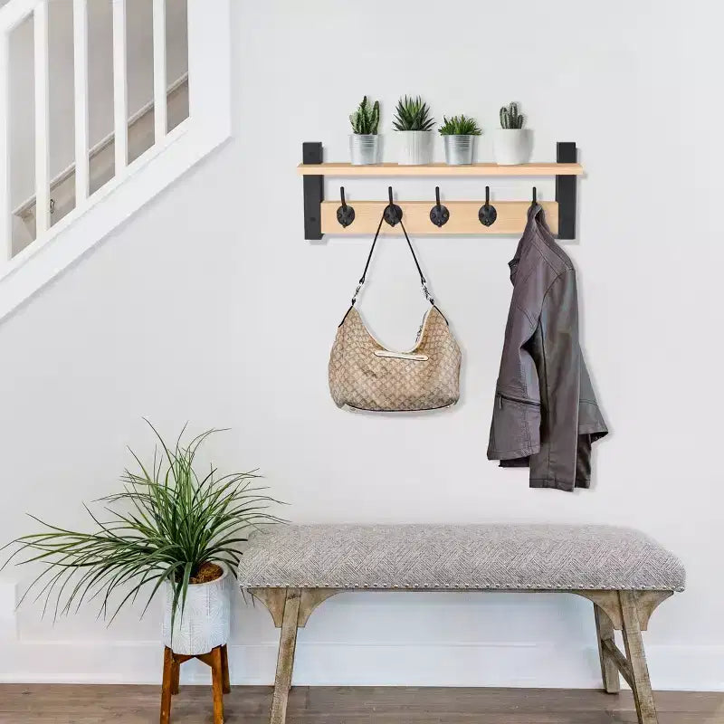 Étagère murale flottante de 60 cm avec 5 crochets robustes pour entrée, salle de bain, chambre, cuisine ou buanderie