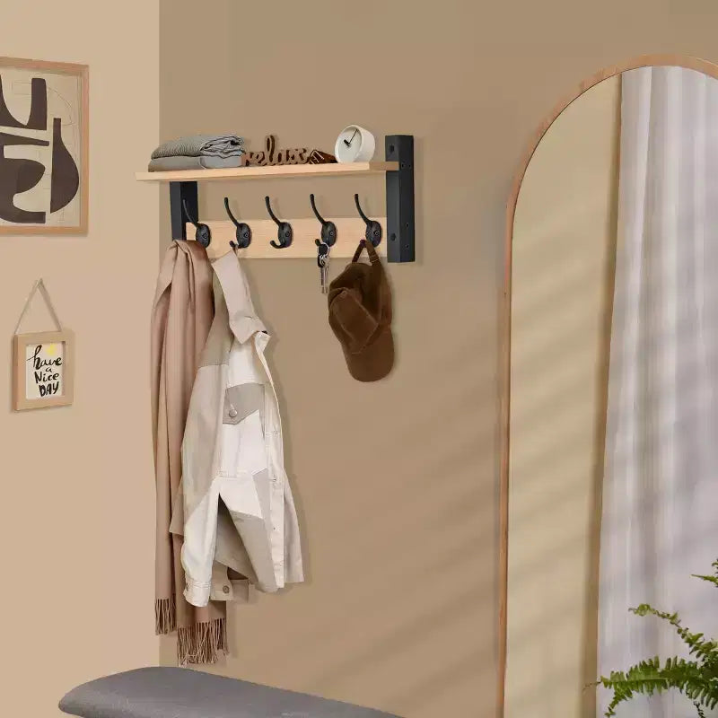 Étagère murale flottante de 60 cm avec 5 crochets robustes pour entrée, salle de bain, chambre, cuisine ou buanderie