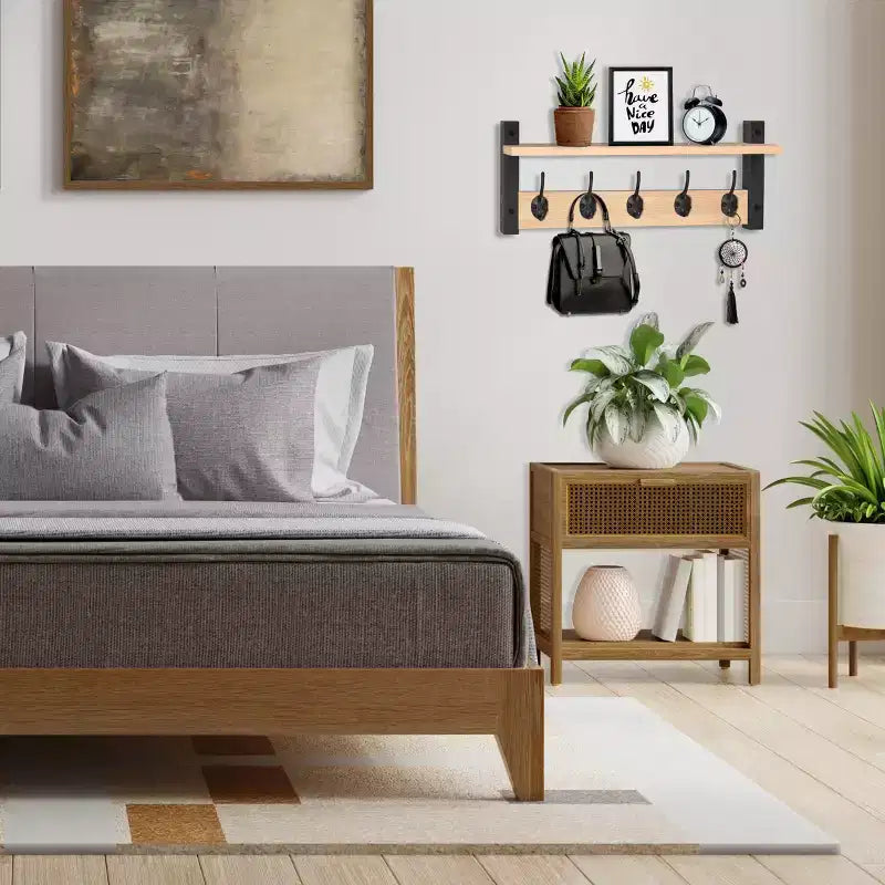 Étagère murale flottante de 60 cm avec 5 crochets robustes pour entrée, salle de bain, chambre, cuisine ou buanderie