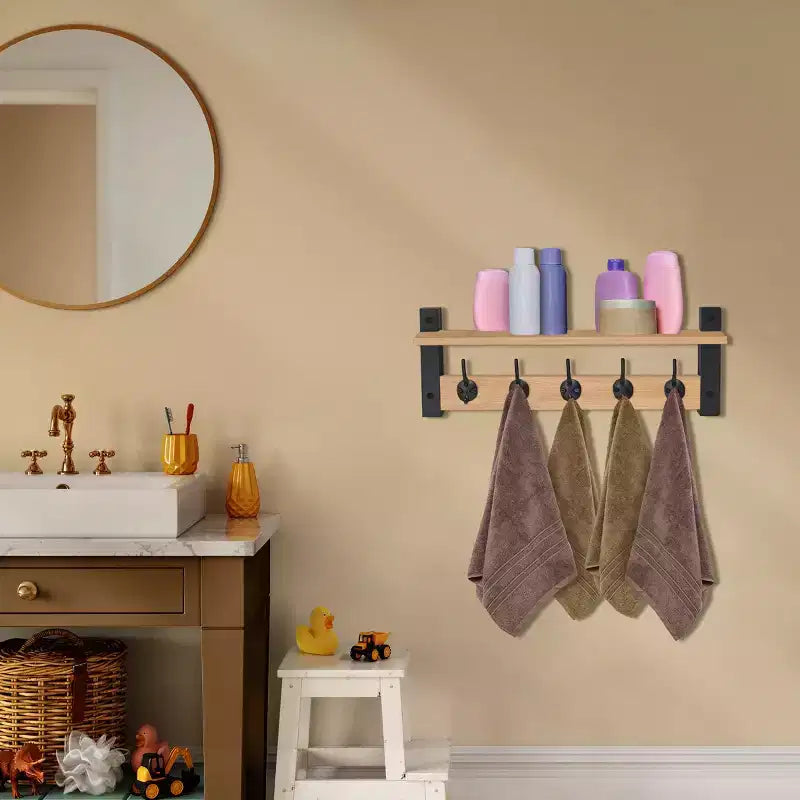 Étagère murale flottante de 60 cm avec 5 crochets robustes pour entrée, salle de bain, chambre, cuisine ou buanderie