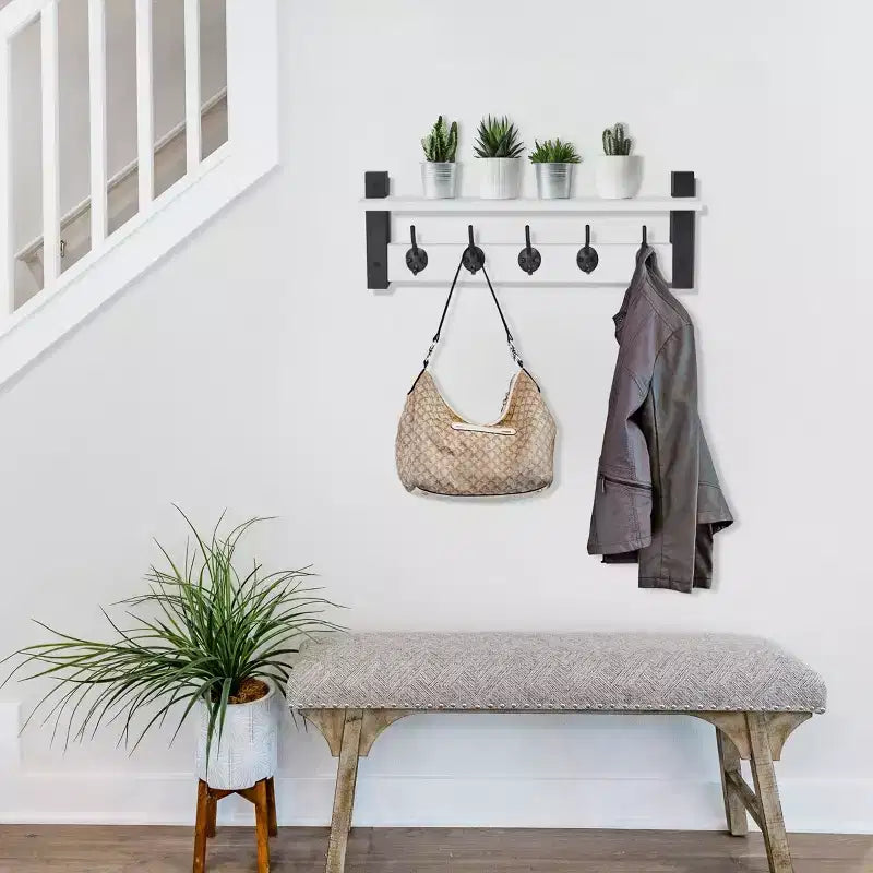 Étagère murale flottante de 60 cm avec 5 crochets robustes pour entrée, salle de bain, chambre, cuisine ou buanderie
