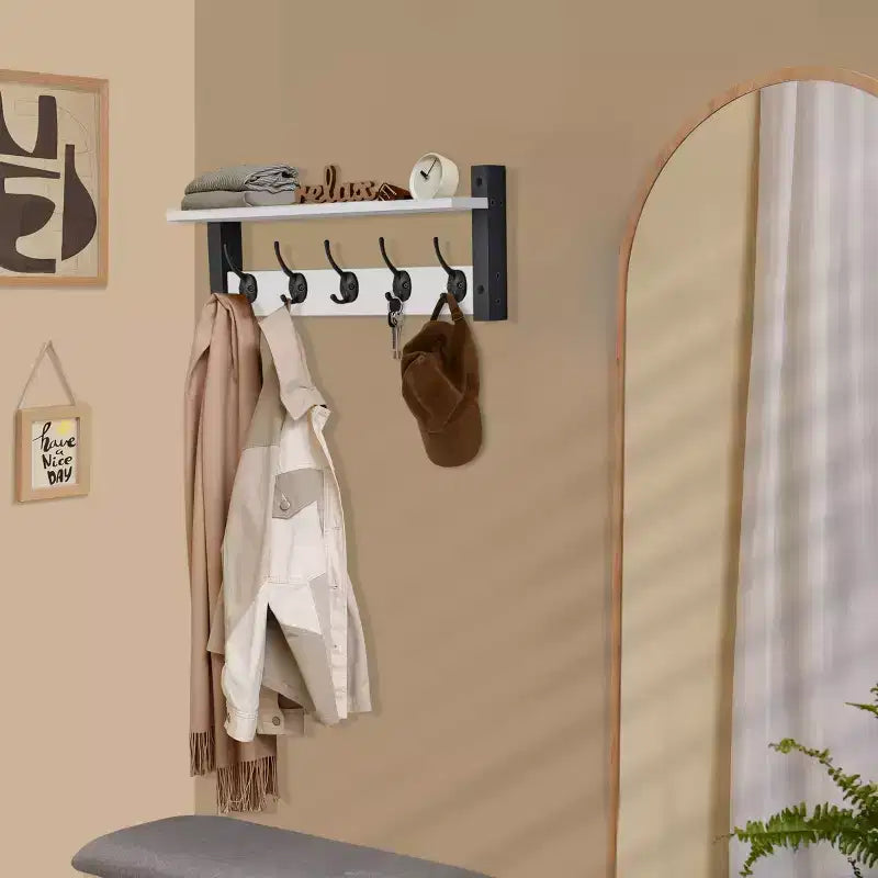 Étagère murale flottante de 60 cm avec 5 crochets robustes pour entrée, salle de bain, chambre, cuisine ou buanderie