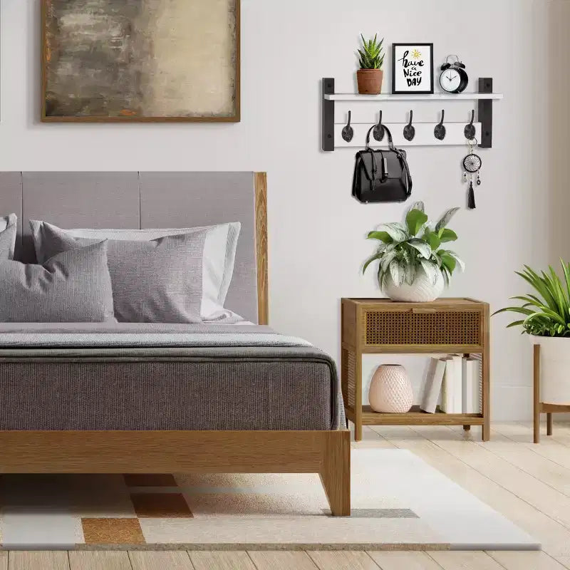 Étagère murale flottante de 60 cm avec 5 crochets robustes pour entrée, salle de bain, chambre, cuisine ou buanderie