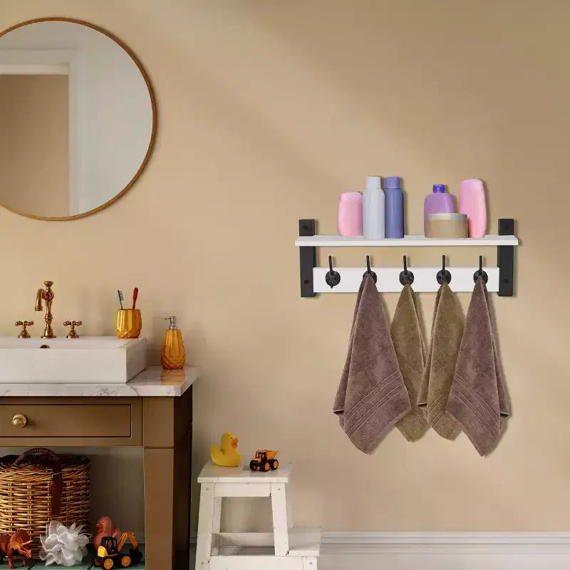 Étagère murale flottante de 60 cm avec 5 crochets robustes pour entrée, salle de bain, chambre, cuisine ou buanderie