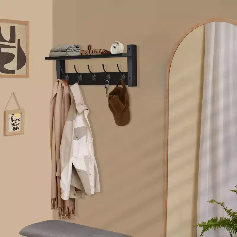 Étagère murale flottante de 60 cm avec 5 crochets robustes pour entrée, salle de bain, chambre, cuisine ou buanderie