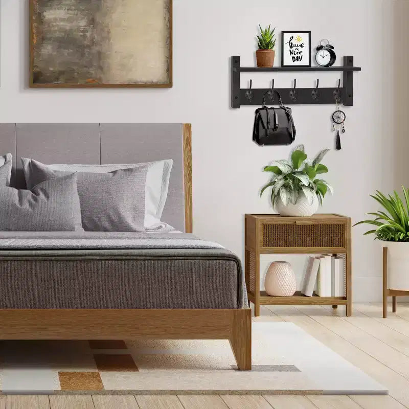 Étagère murale flottante de 60 cm avec 5 crochets robustes pour entrée, salle de bain, chambre, cuisine ou buanderie