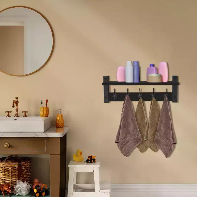 Étagère murale flottante de 60 cm avec 5 crochets robustes pour entrée, salle de bain, chambre, cuisine ou buanderie