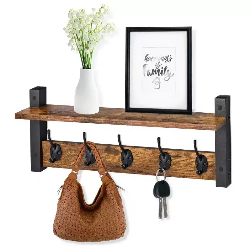 Étagère murale flottante de 60 cm avec 5 crochets robustes pour entrée, salle de bain, chambre, cuisine ou buanderie