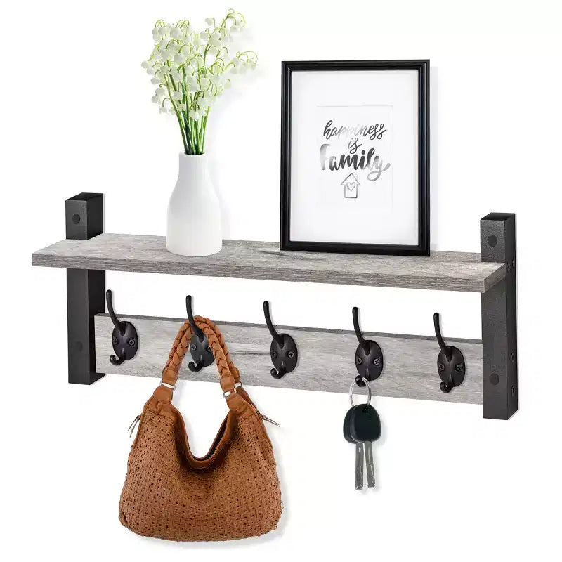 Étagère murale flottante de 60 cm avec 5 crochets robustes pour entrée, salle de bain, chambre, cuisine ou buanderie