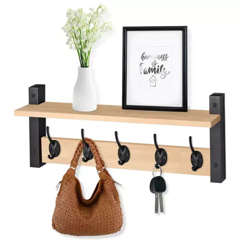 Étagère murale flottante de 60 cm avec 5 crochets robustes pour entrée, salle de bain, chambre, cuisine ou buanderie