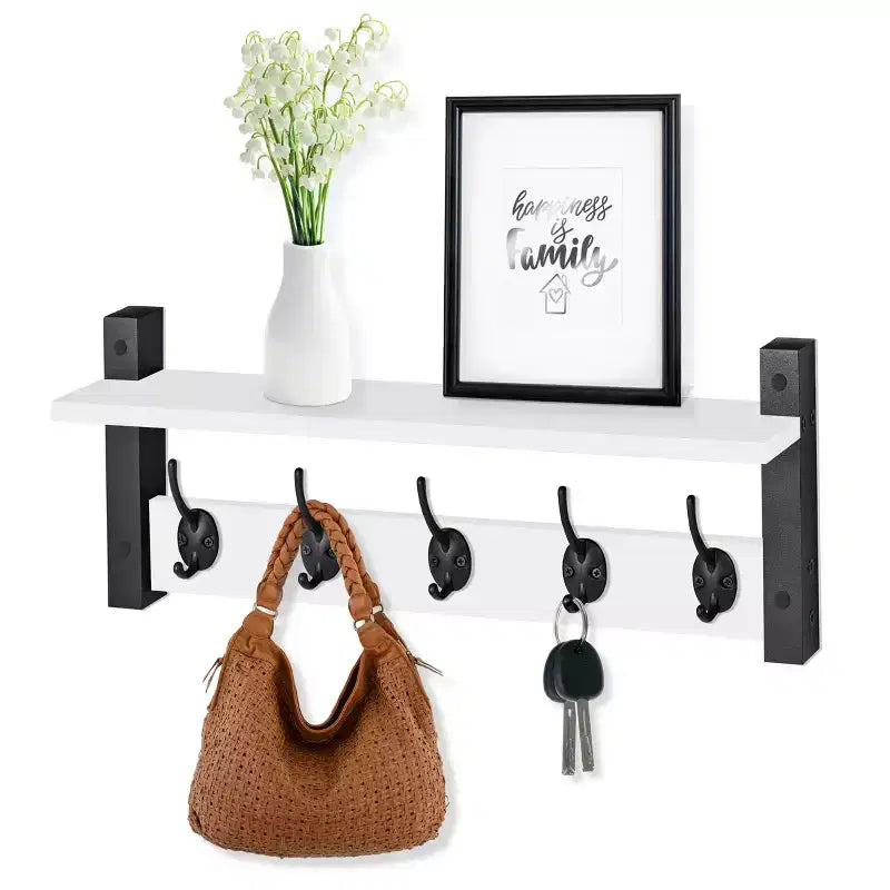 Étagère murale flottante de 60 cm avec 5 crochets robustes pour entrée, salle de bain, chambre, cuisine ou buanderie