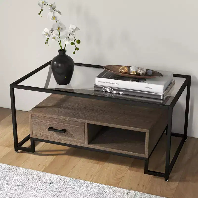 Table basse en verre trempé, Table de salon avec 2 tiroirs et étagère de rangement, Table d'appoint vintage en verre pour le salon, l'appartement, le bureau