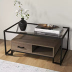 Table basse en verre trempé, Table de salon avec 2 tiroirs et étagère de rangement, Table d'appoint vintage en verre pour le salon, l'appartement, le bureau