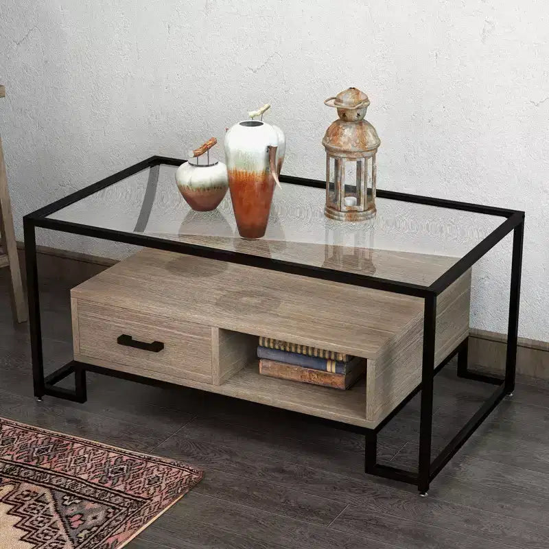 Table basse en verre trempé, Table de salon avec 2 tiroirs et étagère de rangement, Table d'appoint vintage en verre pour le salon, l'appartement, le bureau