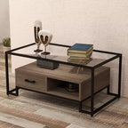 Table basse en verre trempé, Table de salon avec 2 tiroirs et étagère de rangement, Table d'appoint vintage en verre pour le salon, l'appartement, le bureau