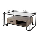Table basse en verre trempé, Table de salon avec 2 tiroirs et étagère de rangement, Table d'appoint vintage en verre pour le salon, l'appartement, le bureau