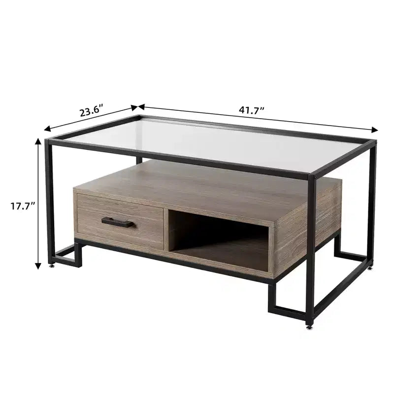 Table basse en verre trempé, Table de salon avec 2 tiroirs et étagère de rangement, Table d'appoint vintage en verre pour le salon, l'appartement, le bureau