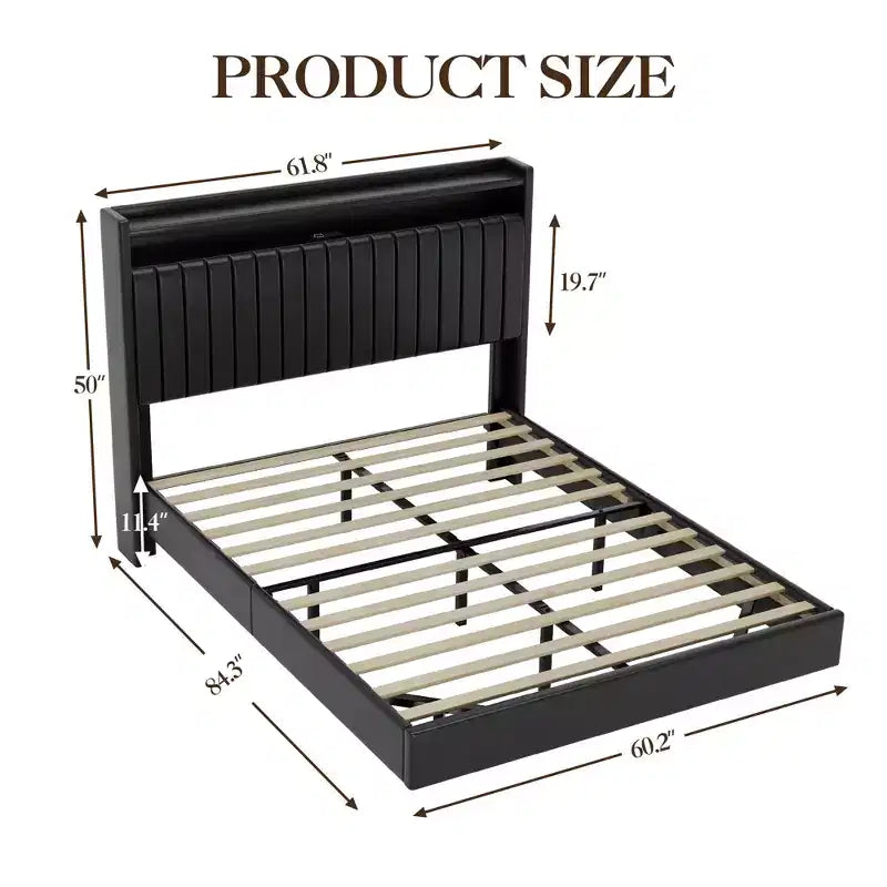 Lit flottant, lit plateforme moderne rembourré avec tête de lit de rangement et lampe, support à lattes en bois, pas besoin de sommier tapissier, facile à assembler