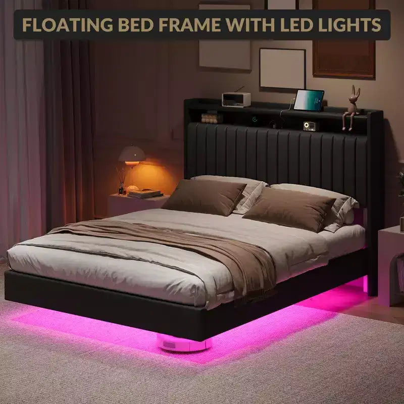 Lit flottant, lit plateforme moderne rembourré avec tête de lit de rangement et lampe, support à lattes en bois, pas besoin de sommier tapissier, facile à assembler