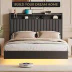 Lit flottant, lit plateforme moderne rembourré avec tête de lit de rangement et lampe, support à lattes en bois, pas besoin de sommier tapissier, facile à assembler