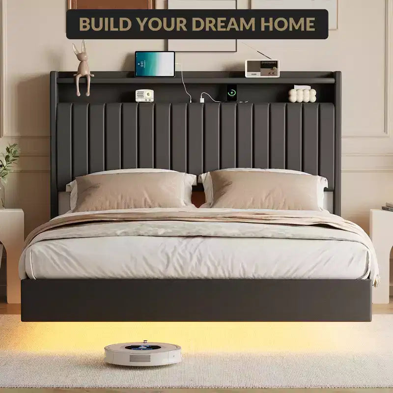 Lit flottant, lit plateforme moderne rembourré avec tête de lit de rangement et lampe, support à lattes en bois, pas besoin de sommier tapissier, facile à assembler