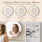 Coiffeuse moderne avec miroir rotatif réglable, 3 couleurs de lumière, table de maquillage avec rangement pour chambre à coucher