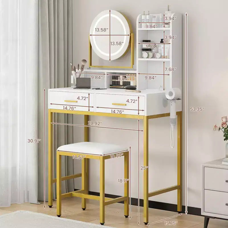 Coiffeuse moderne avec miroir rotatif réglable, 3 couleurs de lumière, table de maquillage avec rangement pour chambre à coucher