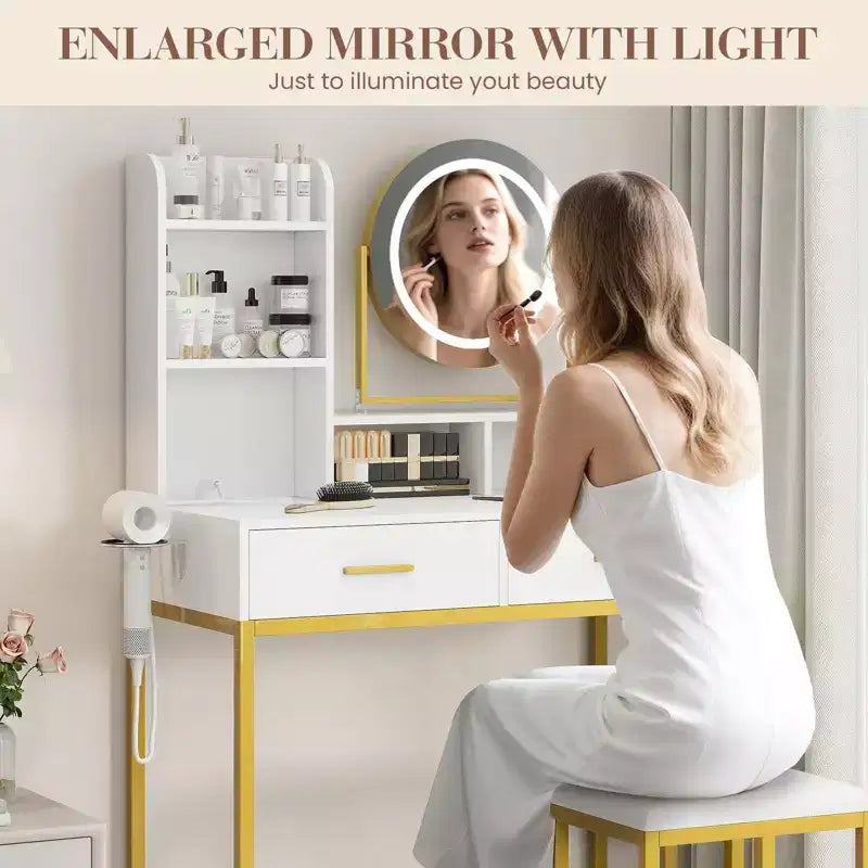 Coiffeuse moderne avec miroir rotatif réglable, 3 couleurs de lumière, table de maquillage avec rangement pour chambre à coucher