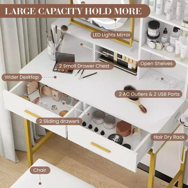 Coiffeuse moderne avec miroir rotatif réglable, 3 couleurs de lumière, table de maquillage avec rangement pour chambre à coucher