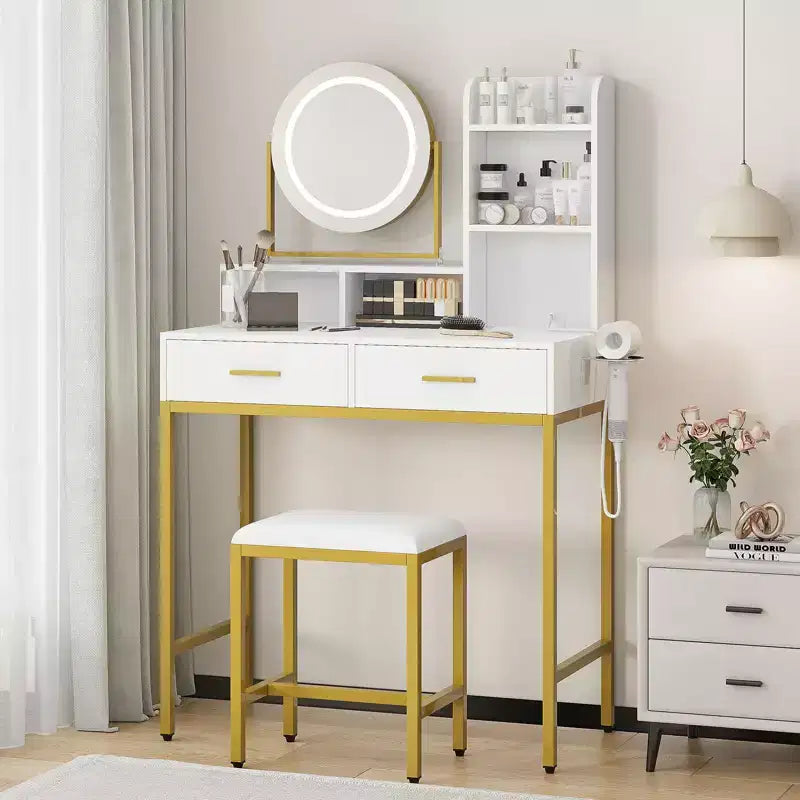 Coiffeuse moderne avec miroir rotatif réglable, 3 couleurs de lumière, table de maquillage avec rangement pour chambre à coucher
