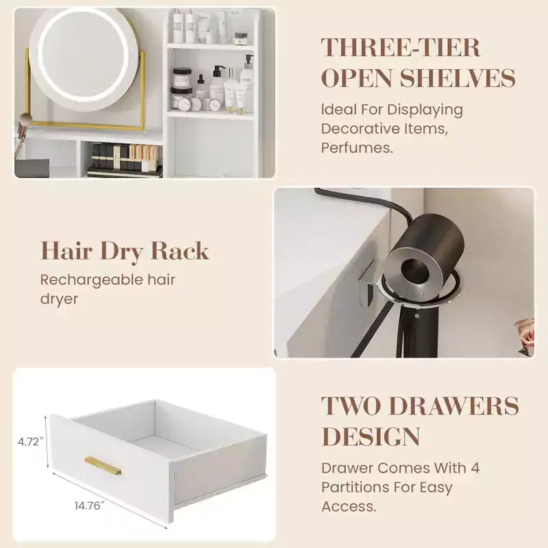 Coiffeuse moderne avec miroir rotatif réglable, 3 couleurs de lumière, table de maquillage avec rangement pour chambre à coucher
